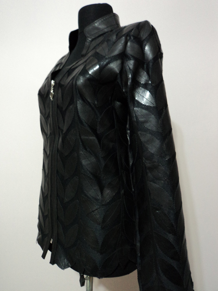 Black Leather Leaf Jacket for Women V Neck Design 08 Genuine Short Zip Up Light Lightweight