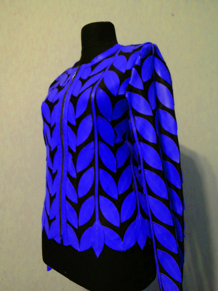 Blue Leather Leaf Jacket for Women Round Neck Design 11 Genuine Short Zip Up Light Lightweight