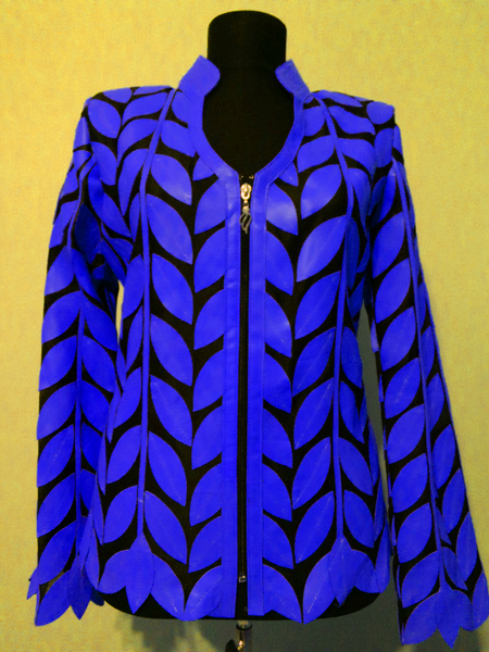 Blue Leather Leaf Jacket for Women V Neck Design 08 Genuine Short Zip Up Light Lightweight