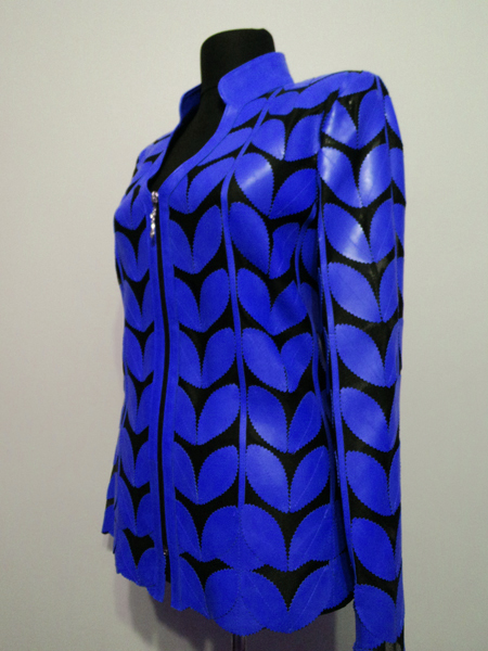 Blue Leather Leaf Jacket for Women V Neck Design 09 Genuine Short Zip Up Light Lightweight
