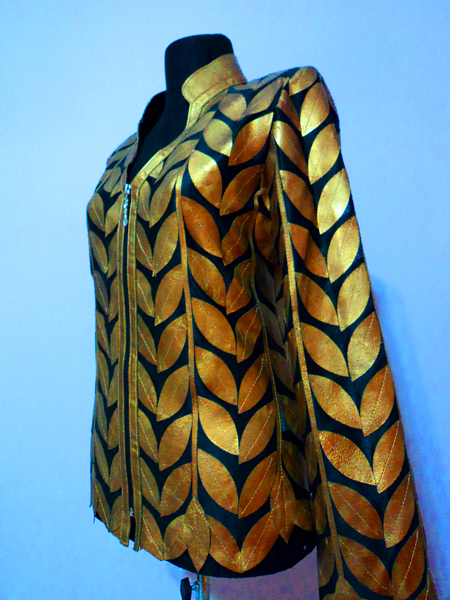 Gold Leather Leaf Jacket Women Design Genuine Short Zip Up Light Lightweight