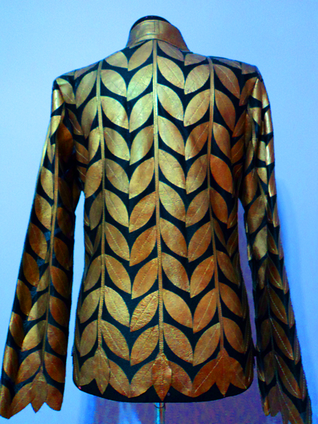 Gold Leather Leaf Jacket for Women V Neck Design 08 Genuine Short Zip Up Light Lightweight