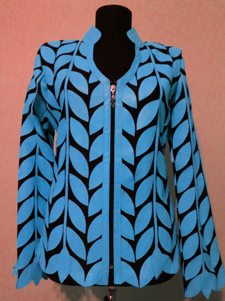 Light Blue Leather Leaf Jacket for Women V Neck Design 08 Genuine Short Zip Up Light Lightweight [ Click to See Photos ]