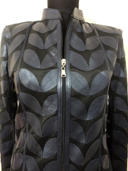 Navy Blue Leather Leaf Jacket Women Design Genuine Short Zip Up Light Lightweight