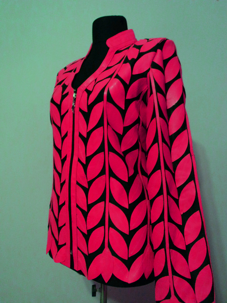 Pink Leather Leaf Jacket Women Design Genuine Short Zip Up Light Lightweight