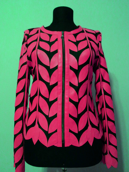 Pink Leather Leaf Jacket for Women Round Neck Design 11 Genuine Short Zip Up Light Lightweight