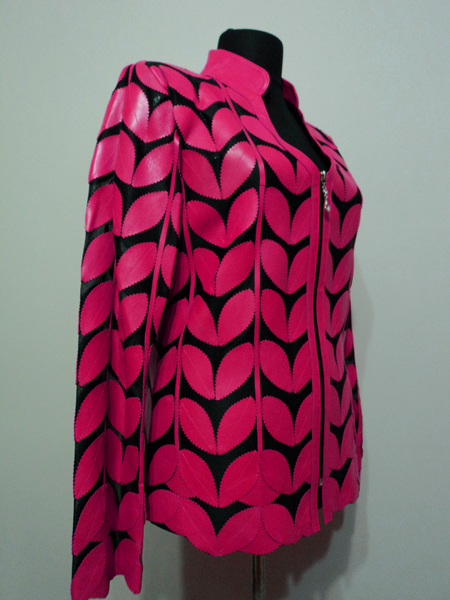 Pink Leather Leaf Jacket for Women V Neck Design 09 Genuine Short Zip Up Light Lightweight
