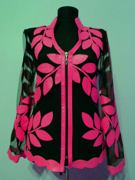 Pink Leather Leaf Jacket for Women V Neck Design 10 Genuine Short Zip Up Light Lightweight [ Click to See Photos ]