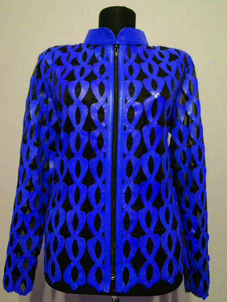 Plus Size Blue Leather Leaf Jacket for Women Design 05 Genuine Short Zip Up Light Lightweight [ Click to See Photos ]