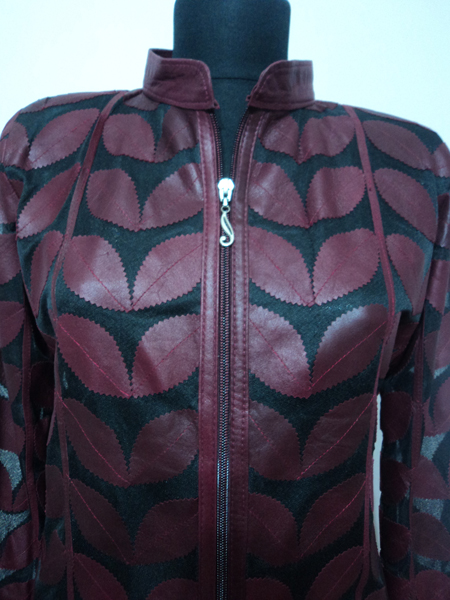 Plus Size Burgundy Leather Leaf Jacket Women Design Genuine Short Zip Up Light Lightweight