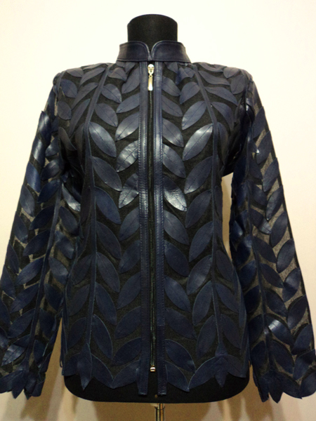 Plus Size Navy Blue Leather Leaf Jacket for Women Design 04 Genuine Short Zip Up Light Lightweight [ Click to See Photos ]