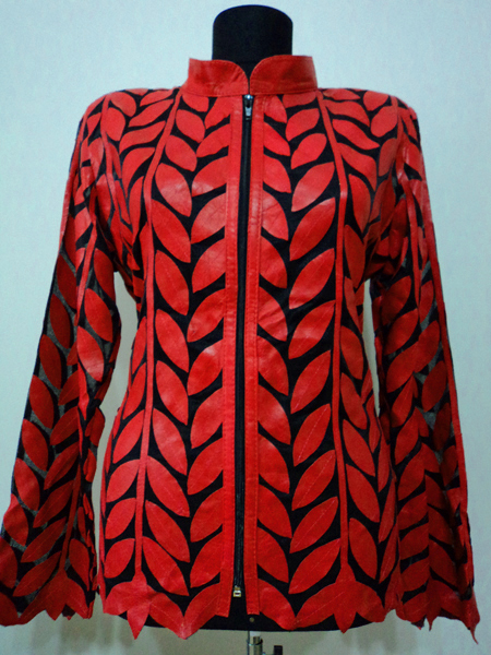Plus Size Red Leather Leaf Jacket for Women Design 04 Genuine Short Zip Up Light Lightweight [ Click to See Photos ]