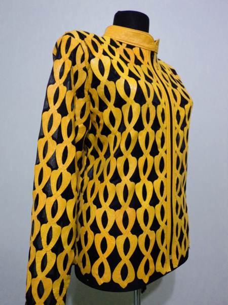 Plus Size Yellow Leather Leaf Jacket for Women Design 05 Genuine Short Zip Up Light Lightweight