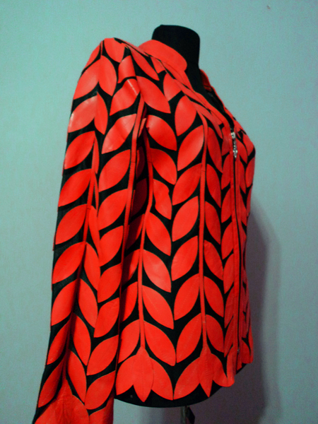 Red Leather Leaf Jacket for Women V Neck Design 08 Genuine Short Zip Up Light Lightweight