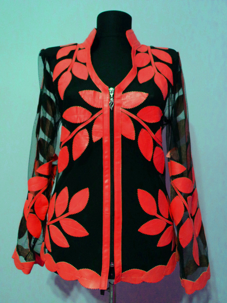 Red Leather Leaf Jacket for Women V Neck Design 10 Genuine Short Zip Up Light Lightweight [ Click to See Photos ]