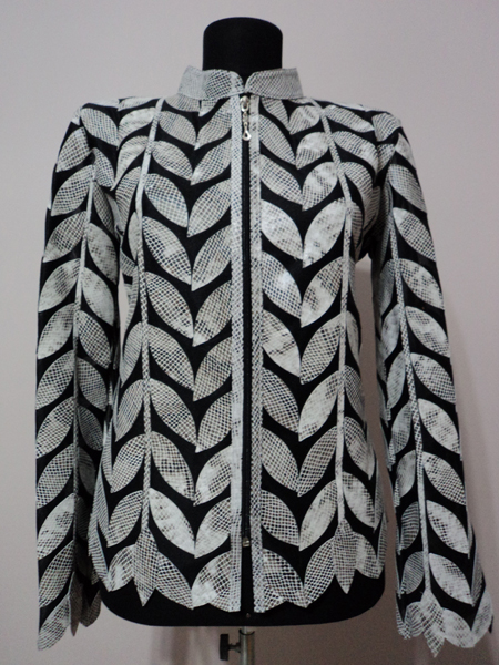 White snake Pattern Handmade Leather Leaf Jacket for Women Design 04 Genuine Short Zip Up Light Lightweight