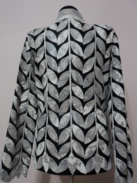 White Snake Pattern Leather Leaf Jacket for Women V Neck Design 08 Genuine Short Zip Up Light Lightweight