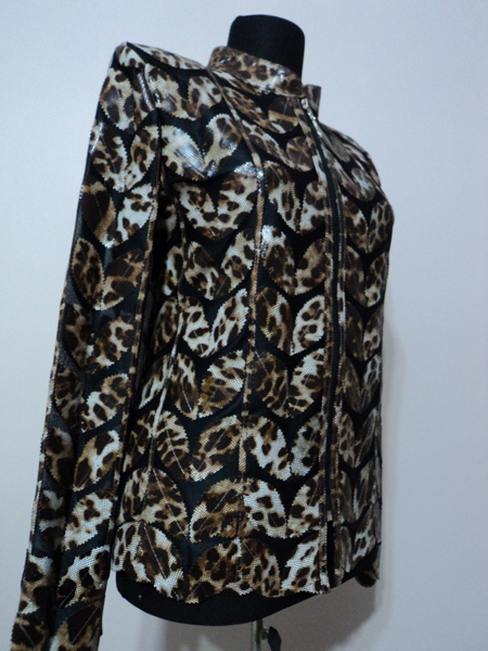 Leopard Pattern Black Leather Leaf Jacket for Women