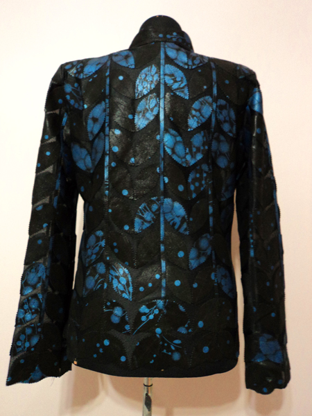 Plus Size Blue Spotted Black Leather Leaf Jacket for Women