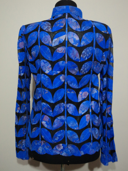 Plus Size Flower Pattern Blue Leather Leaf Jacket for Women