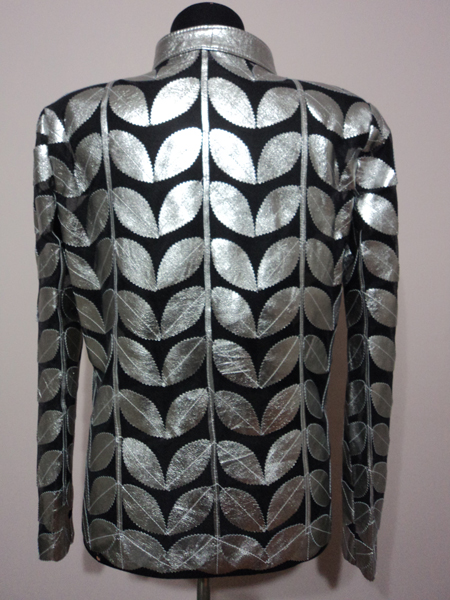 Plus Size Shiny Silver Gray Leather Leaf Jacket for Women