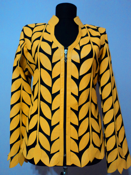 Yellow Leather Leaf Jacket for Women V Neck Design 08 Genuine Short Zip Up Light Lightweight [ Click to See Photos ]