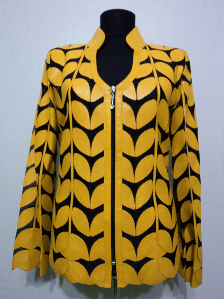 Yellow Leather Leaf Jacket for Women V Neck Design 09 Genuine Short Zip Up Light Lightweight [ Click to See Photos ]